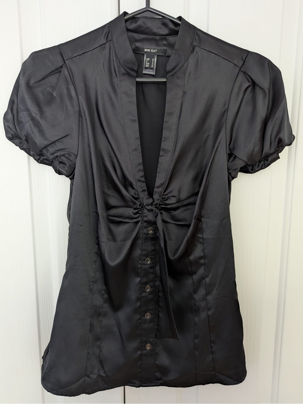 Mango Black Satin Tie-Front Puff Sleeve Blouse